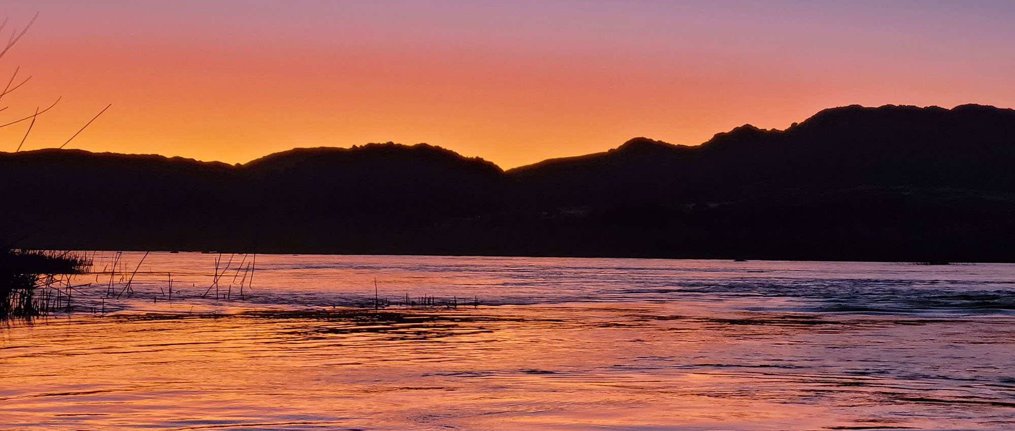 Sunset light on the Orange River, with reeds along the near bank and hills in silhouette.